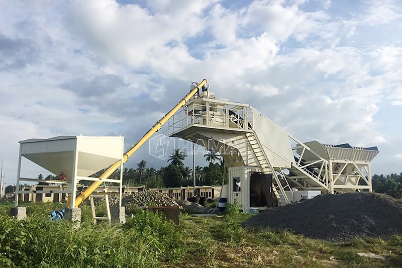 distant view of JS500 concrete mixer and the batching machine